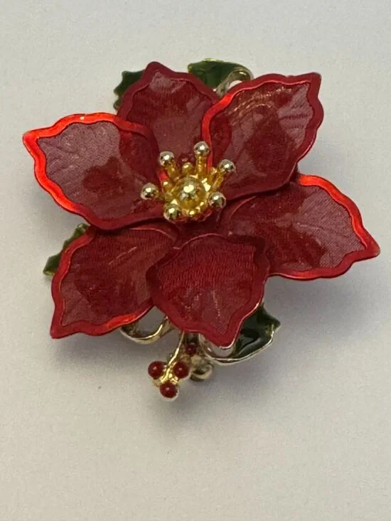 Kenneth Cole Red Poinsettia Brooch Pin Gold-Tone Accents Berry Detail Christmas - Picture 9 of 9